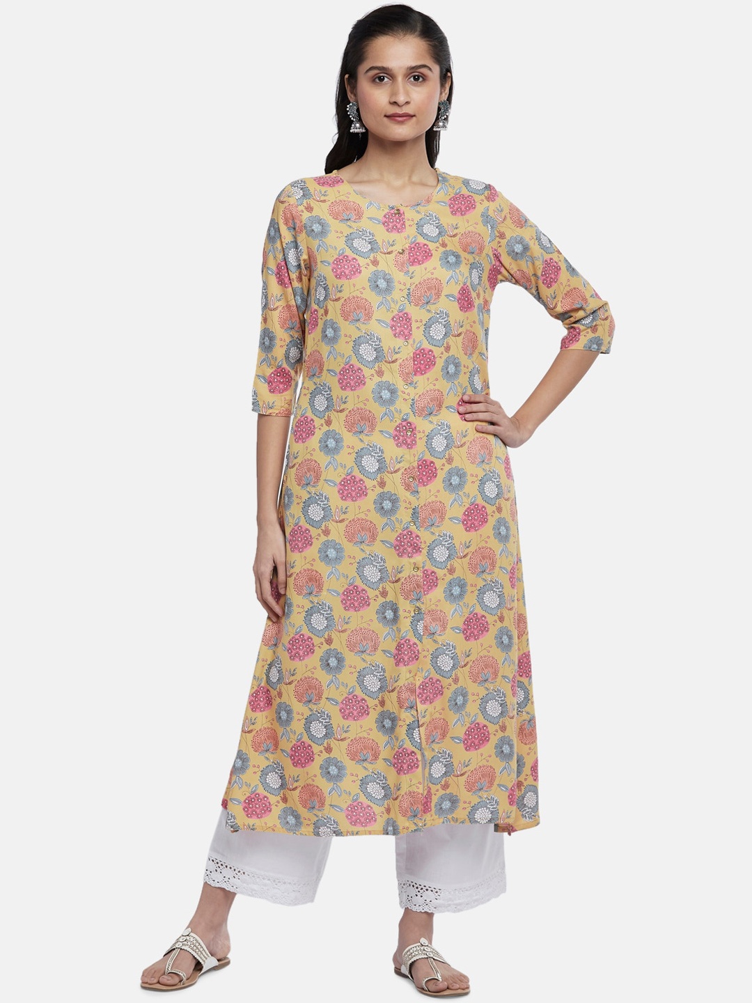 

RANGMANCH BY PANTALOONS Women Yellow & Pink Floral Printed Kurta