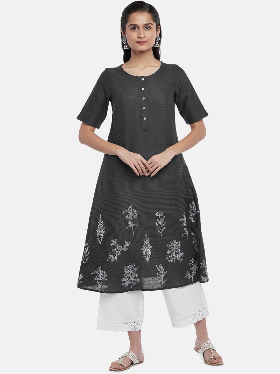 RANGMANCH BY PANTALOONS Women Charcoal Floral Thread Work Kurta