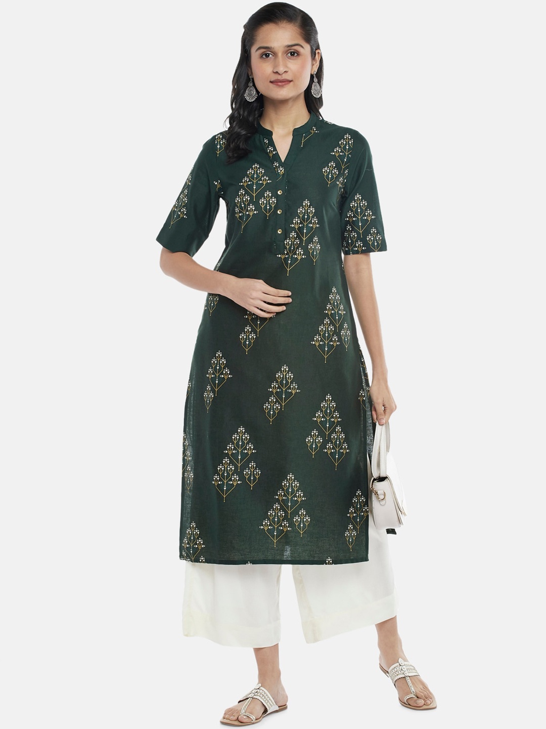 

RANGMANCH BY PANTALOONS Women Green & White Ethnic Motifs Printed Cotton Kurta