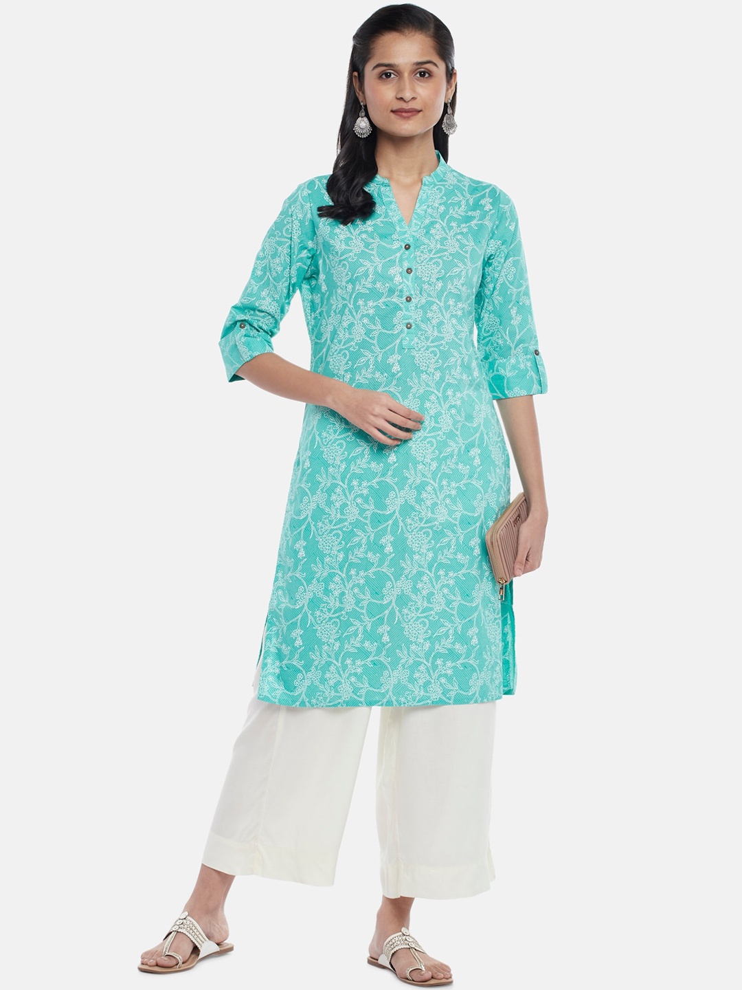 

RANGMANCH BY PANTALOONS Women Green & White Floral Printed Cotton Straight Kurta