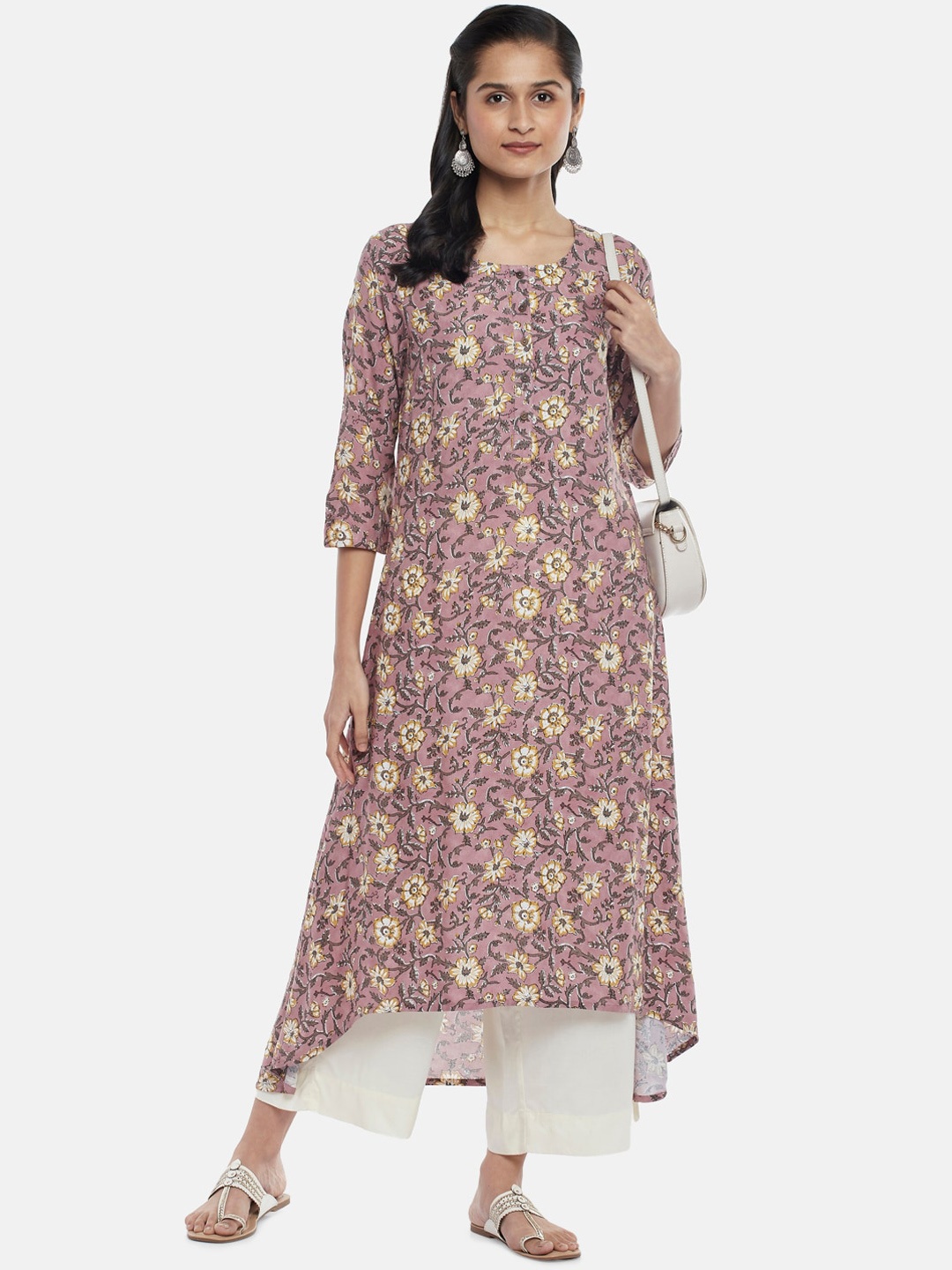 

RANGMANCH BY PANTALOONS Women Mauve & Yellow Floral Printed Kurta
