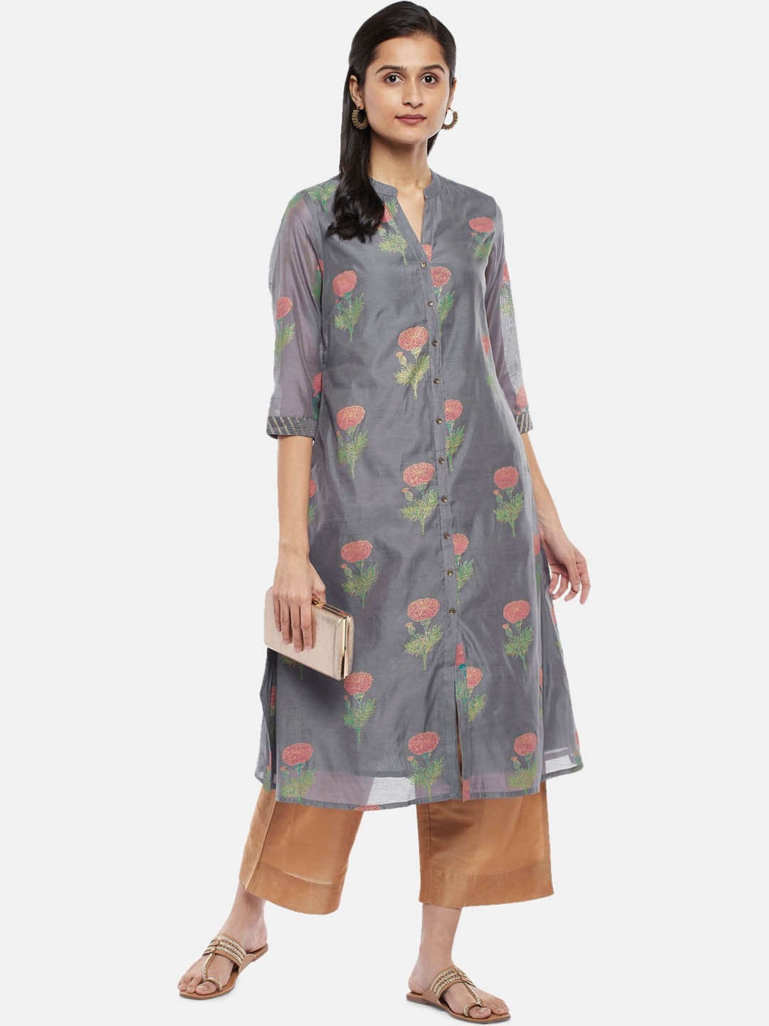 

RANGMANCH BY PANTALOONS Women Charcoal Floral Printed Cotton Kurta