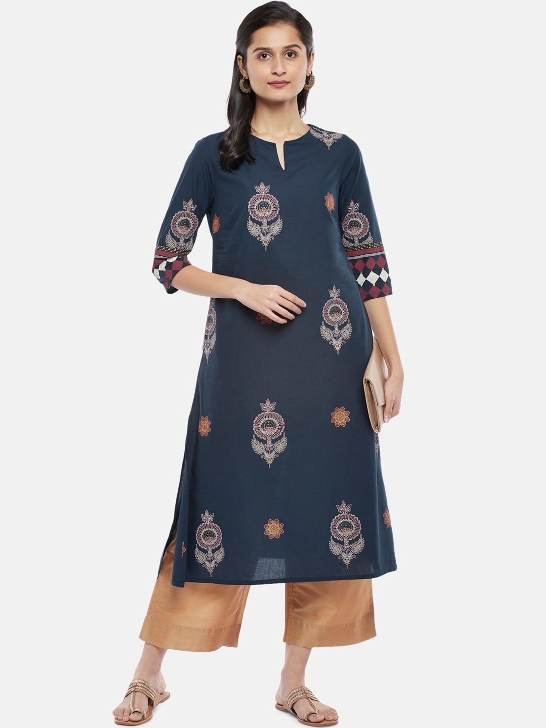 

RANGMANCH BY PANTALOONS Women Navy Blue Ethnic Motifs Printed Flared Sleeves Kurta