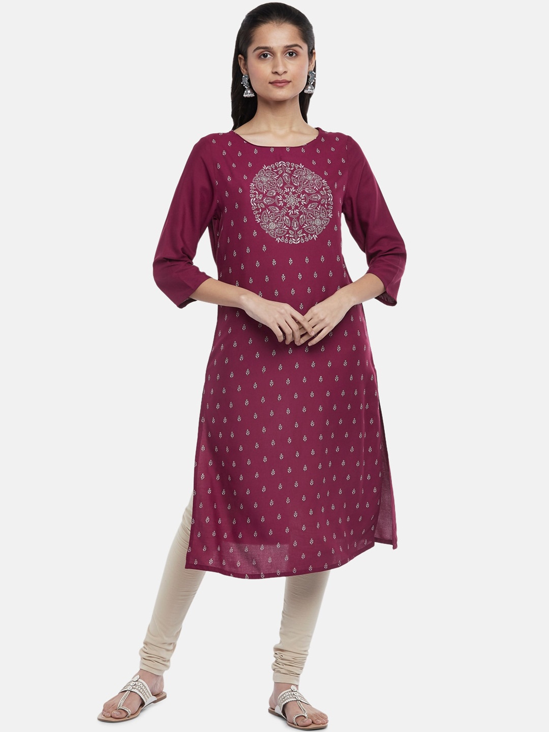 

RANGMANCH BY PANTALOONS Women Purple Ethnic Motifs Printed Flared Sleeves Thread Work Kurta