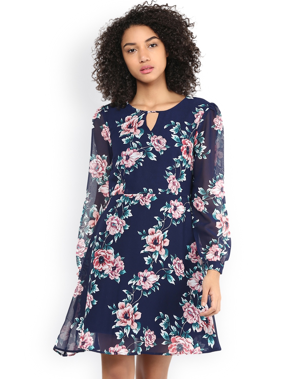 

Harpa Women Navy Floral Print A-Line Dress, Navy blue