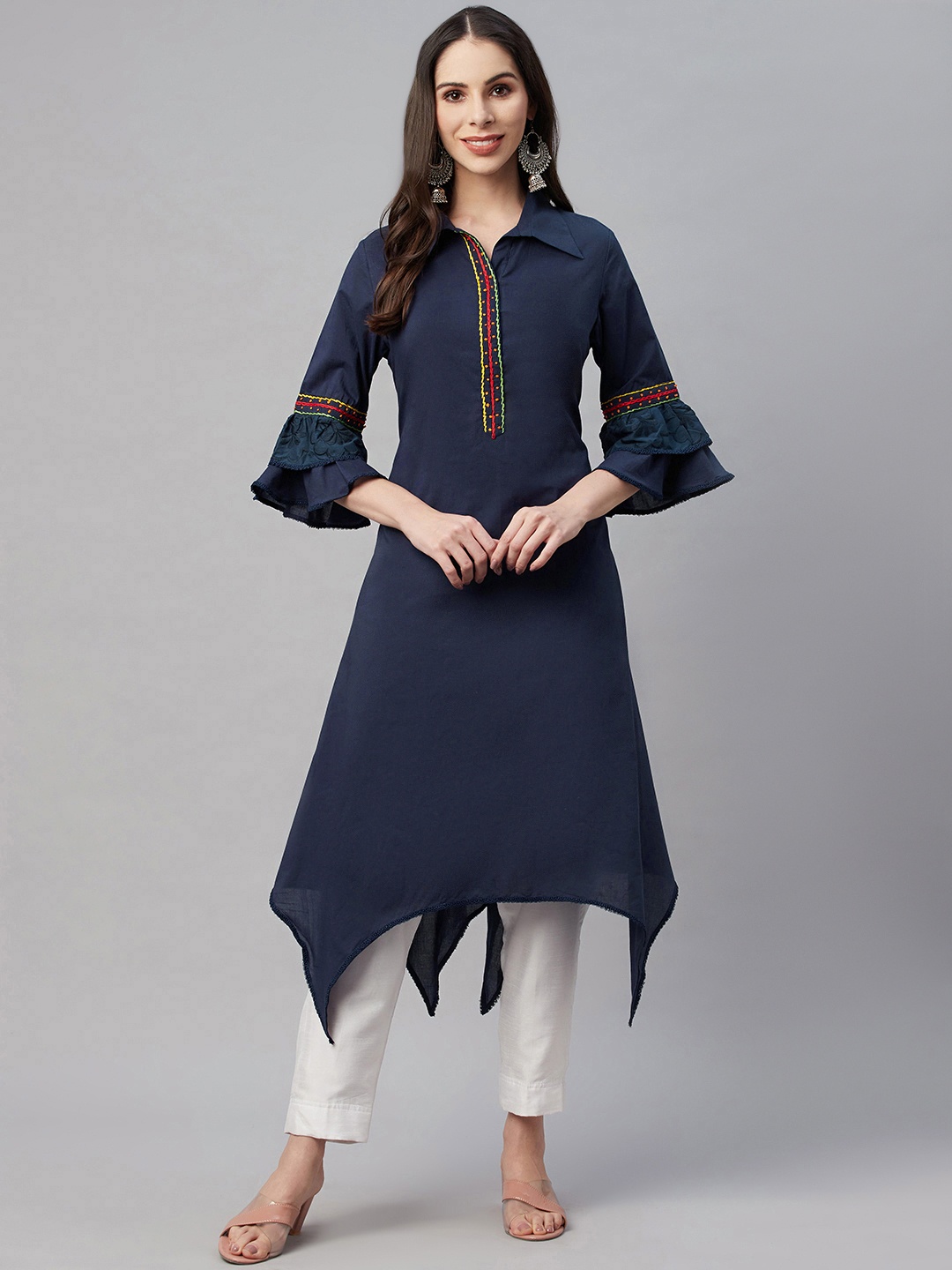 

YELLOW PARROT Women Navy Blue Bell Sleeves Indigo Kurta