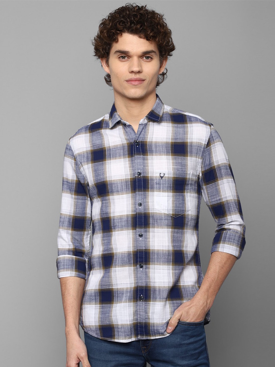 

Allen Solly Sport Men Navy Blue Slim Fit Tartan Checked Pure Cotton Casual Shirt