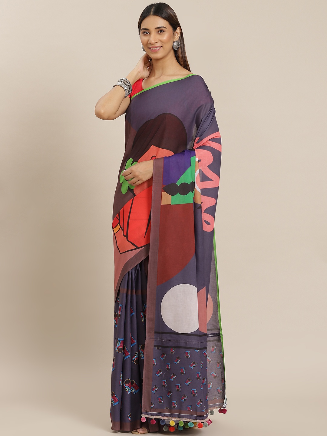 

YELLOW PARROT Purple & Red Conversational Print Fusion Saree with Blouse Piece