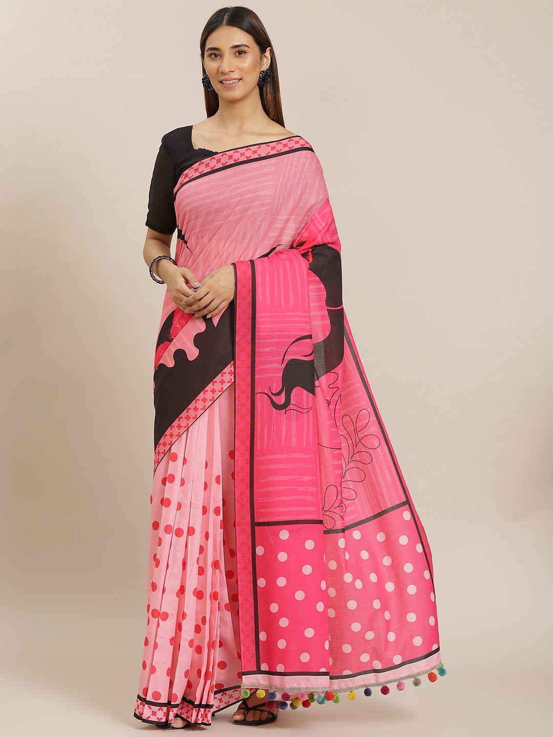 

YELLOW PARROT Pink Geometric Print Saree with Blouse Piece