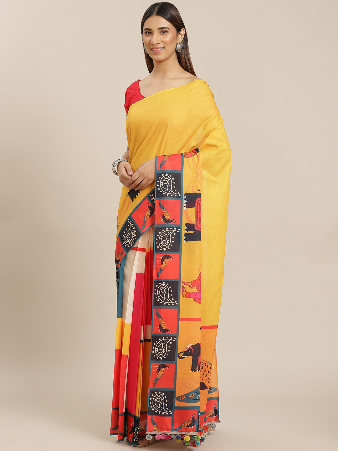 

YELLOW PARROT Yellow & Coral Pink Printed Half & Half Saree