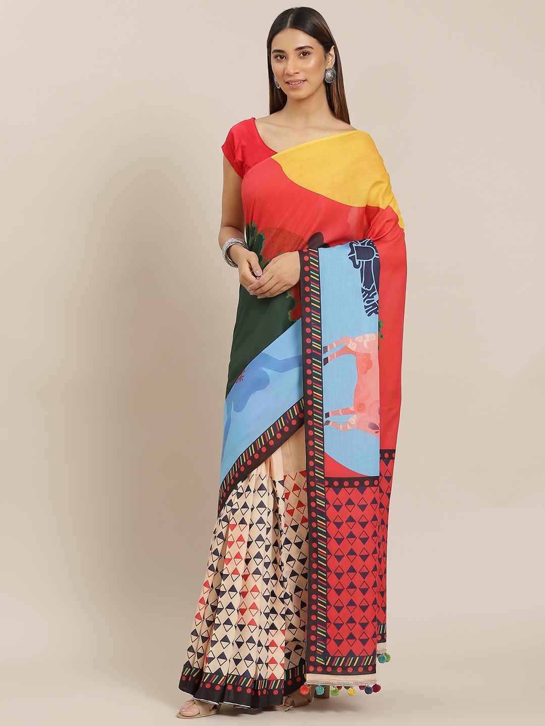 

YELLOW PARROT Red & Blue Ethnic Motifs Print Saree with Blouse Piece
