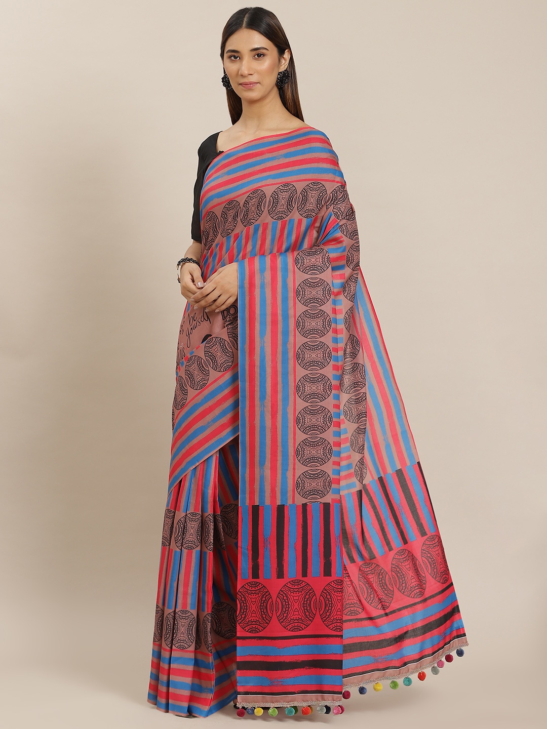 

YELLOW PARROT Beige & Red Geometric Print Saree with Blouse Piece