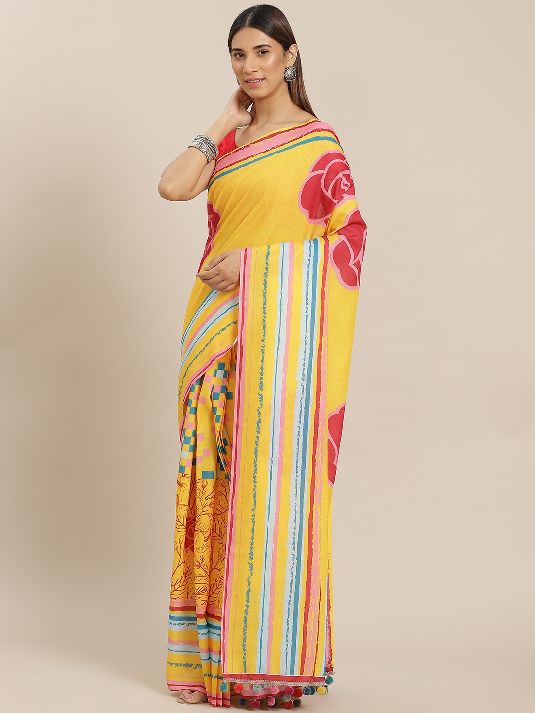 

YELLOW PARROT Yellow & Red Floral Print Saree with Blouse Piece