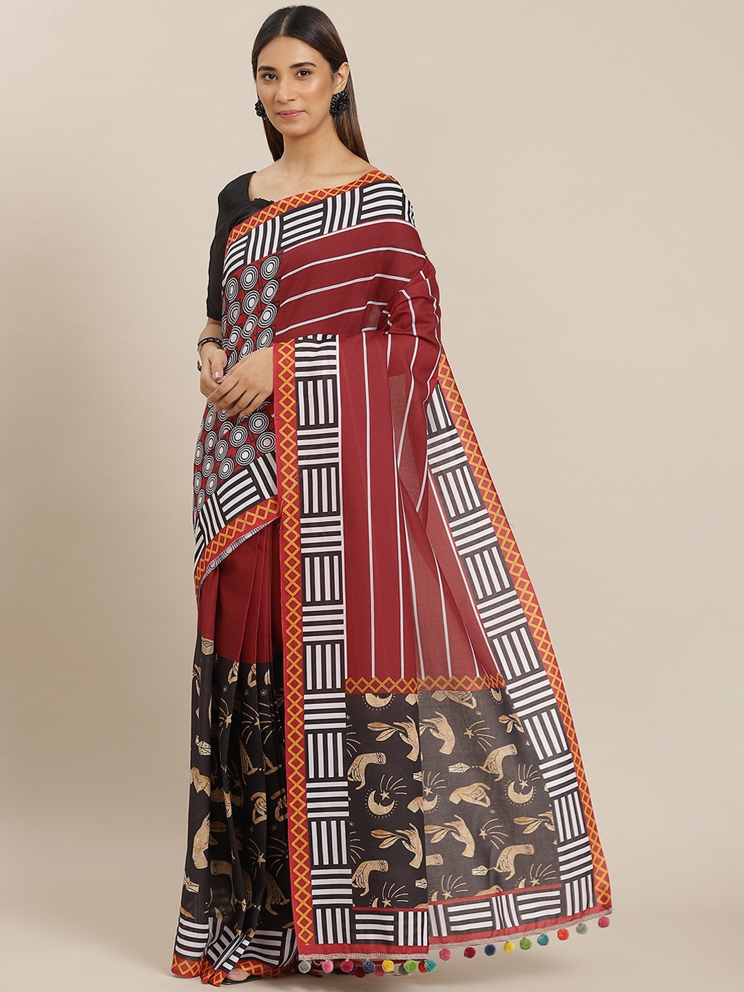 

YELLOW PARROT Red & Black Geometric Print Saree with Blouse Piece