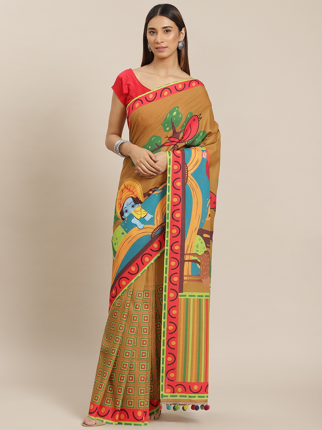 

YELLOW PARROT Mustard Yellow & Red Ethnic Motifs Print Saree with Blouse Piece