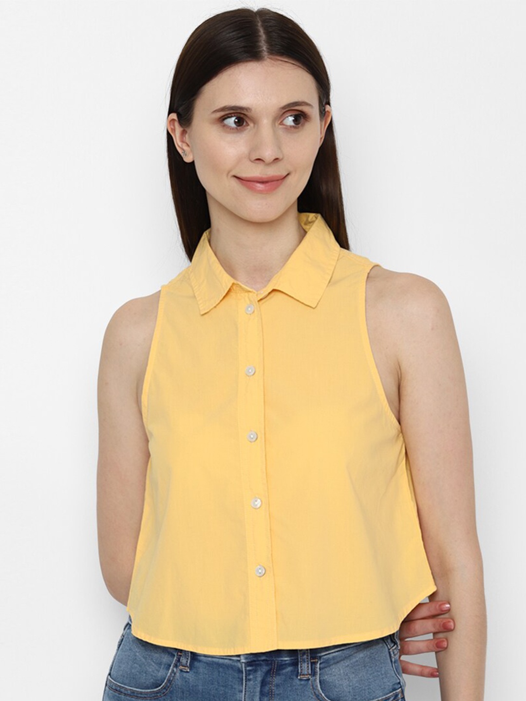 

AMERICAN EAGLE OUTFITTERS Women Yellow Solid Cotton Casual Shirt