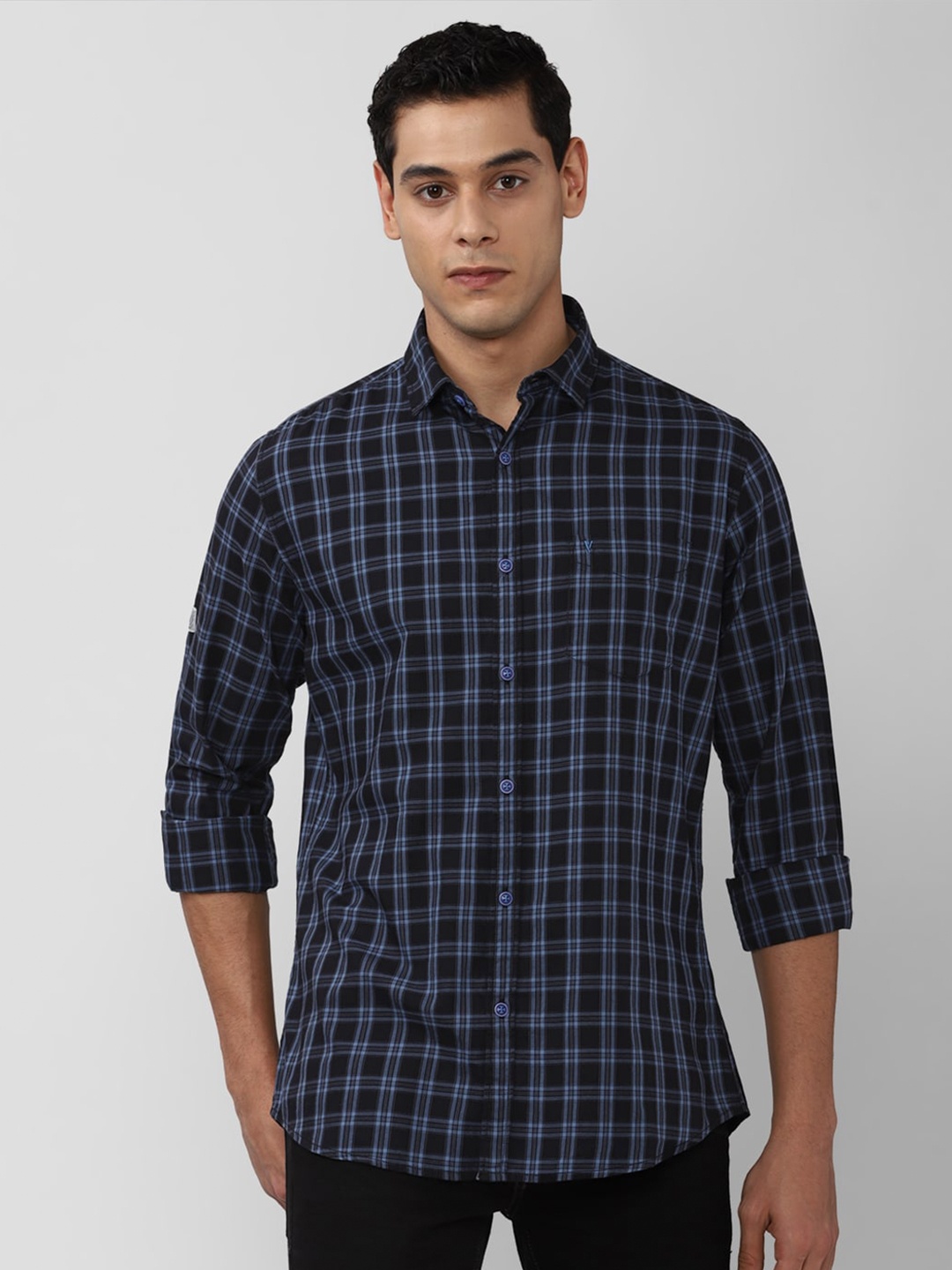 

VAN HEUSEN DENIM LABS Men Navy Blue Slim Fit Checked Casual Shirt