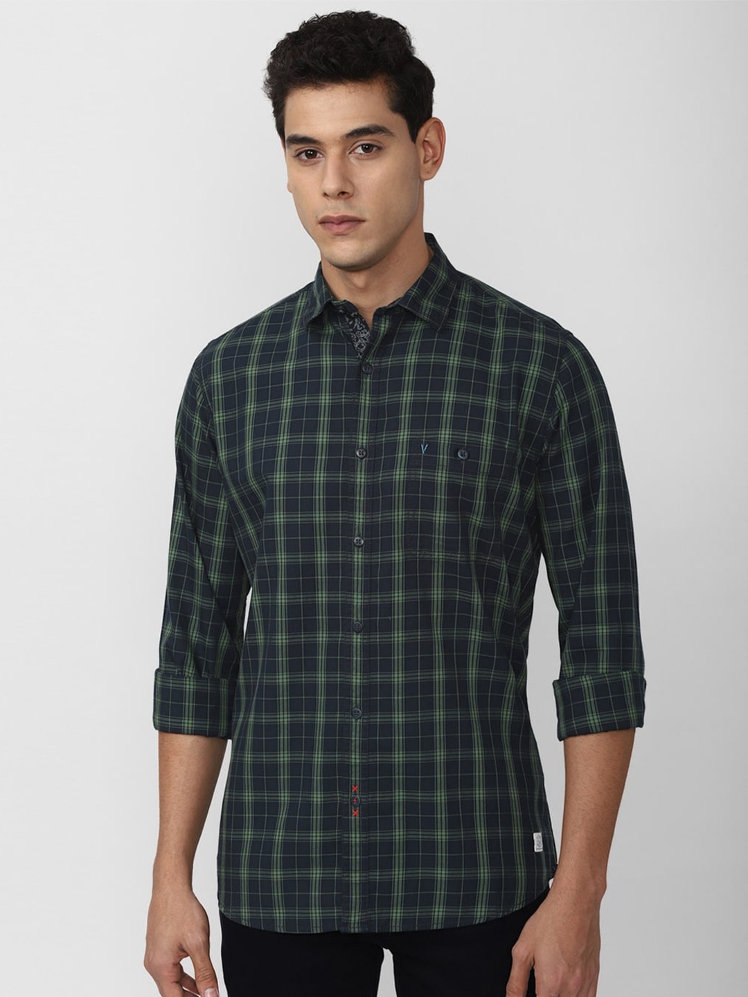 

VAN HEUSEN DENIM LABS Men Green Slim Fit Tartan Checks Checked Casual Shirt