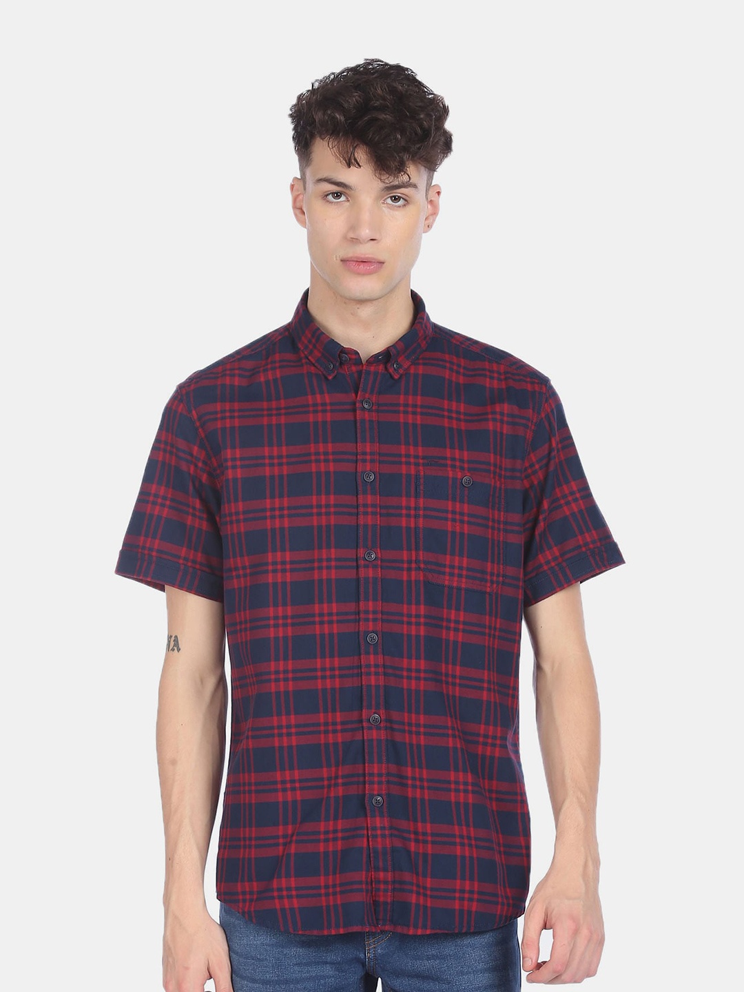 

Flying Machine Men Red Tartan Checks Checked Casual Shirt