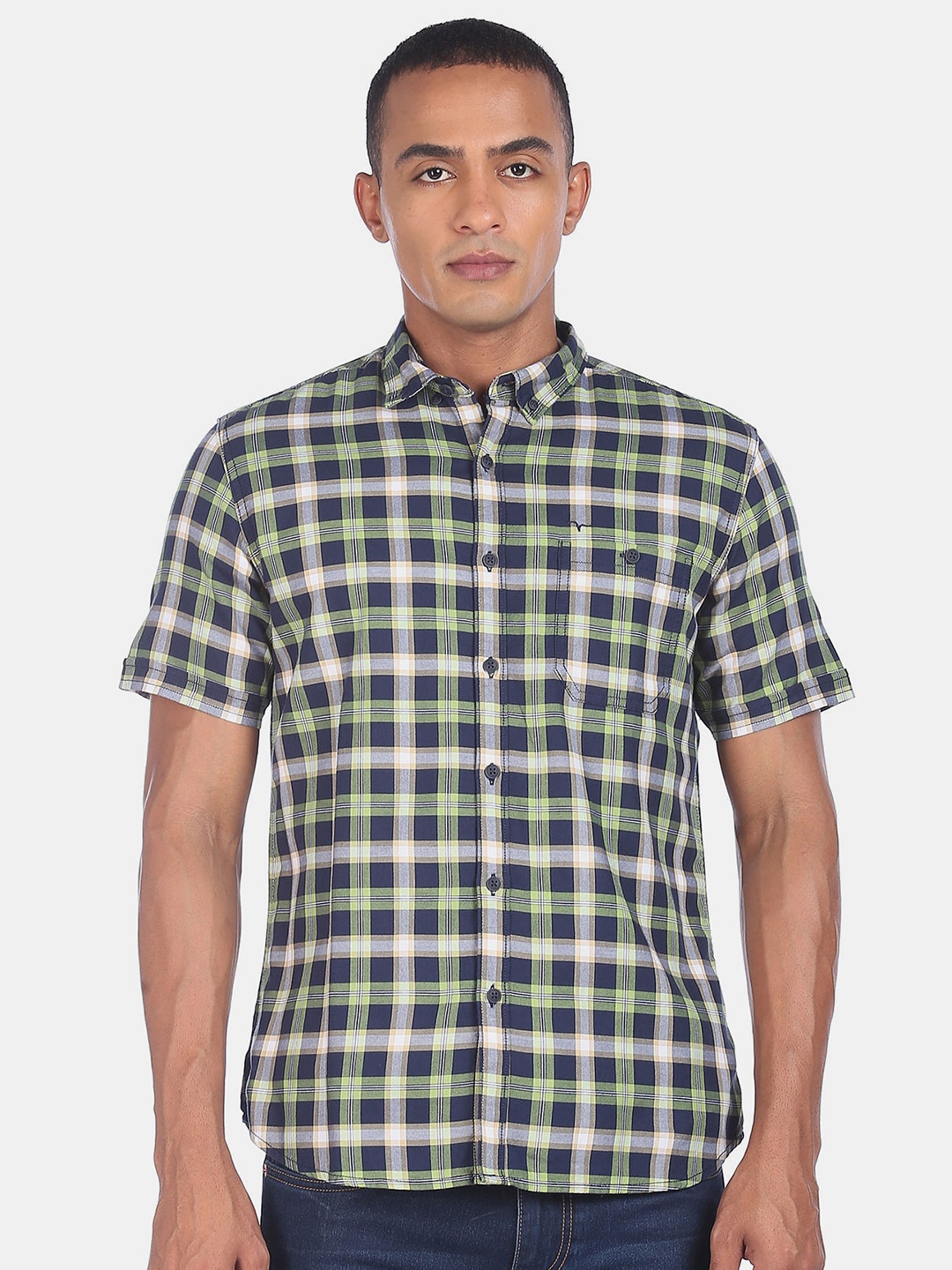 

Flying Machine Men Green Checked Cotton Casual Shirt