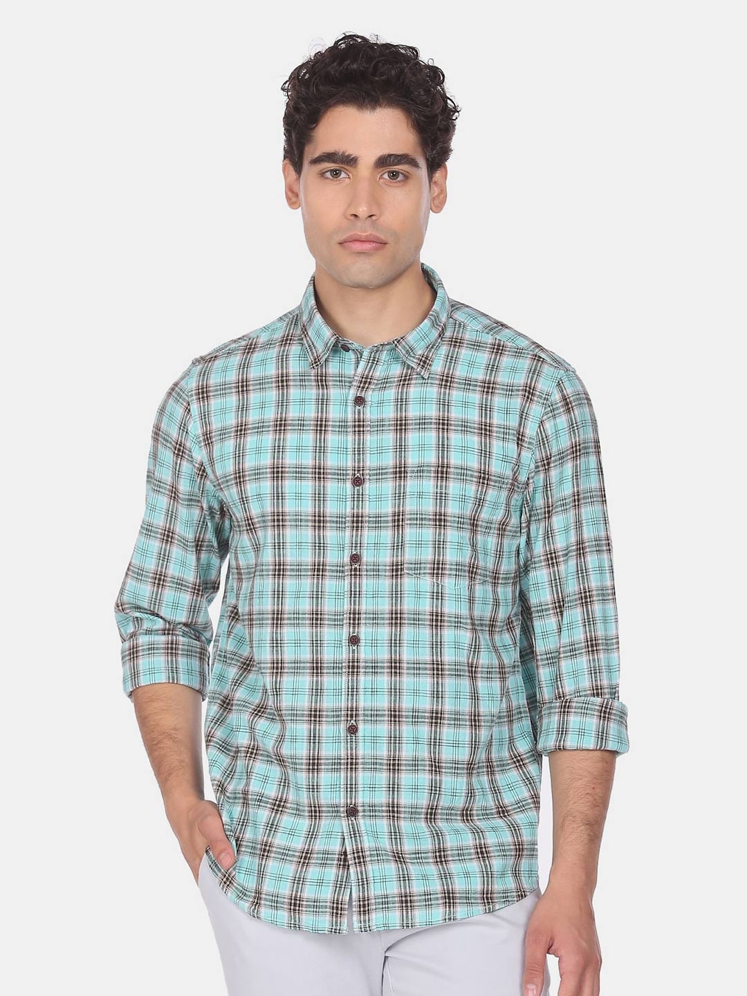 

Ruggers Men Blue Tartan Checks Checked Casual Shirt