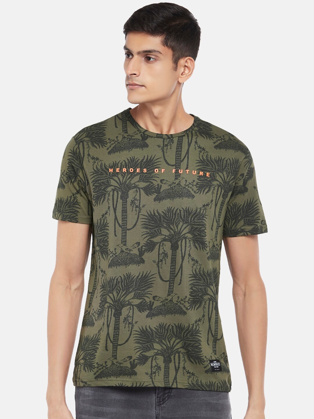 

People Men Olive Green Printed Cotton T-shirt
