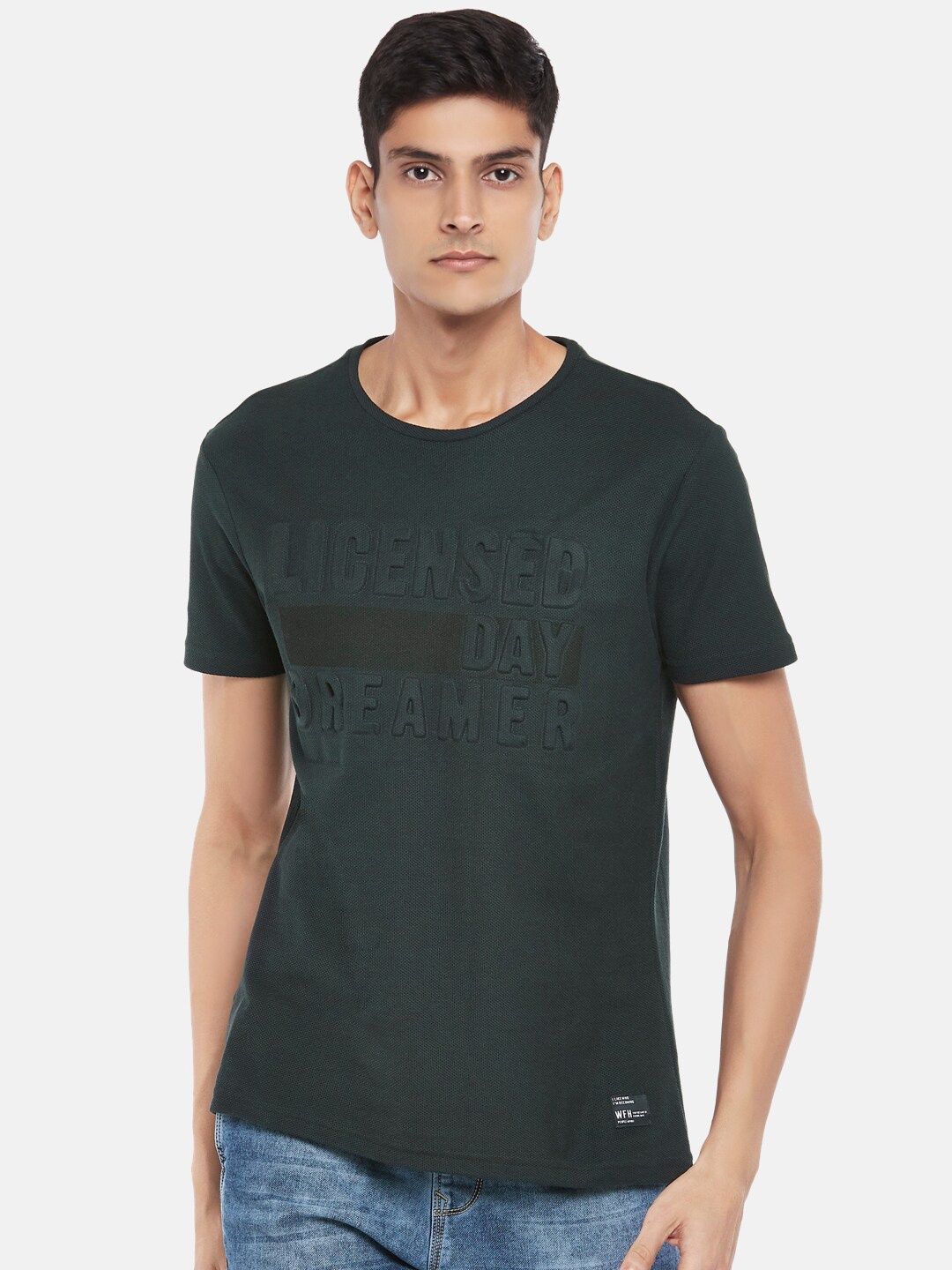 People Men Olive Green Typography Cotton T-shirt