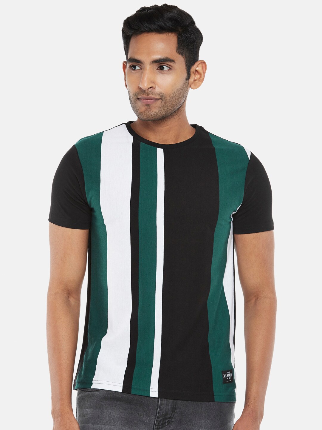 

People Men Black & Green Striped Cotton Regular Fit T-shirt