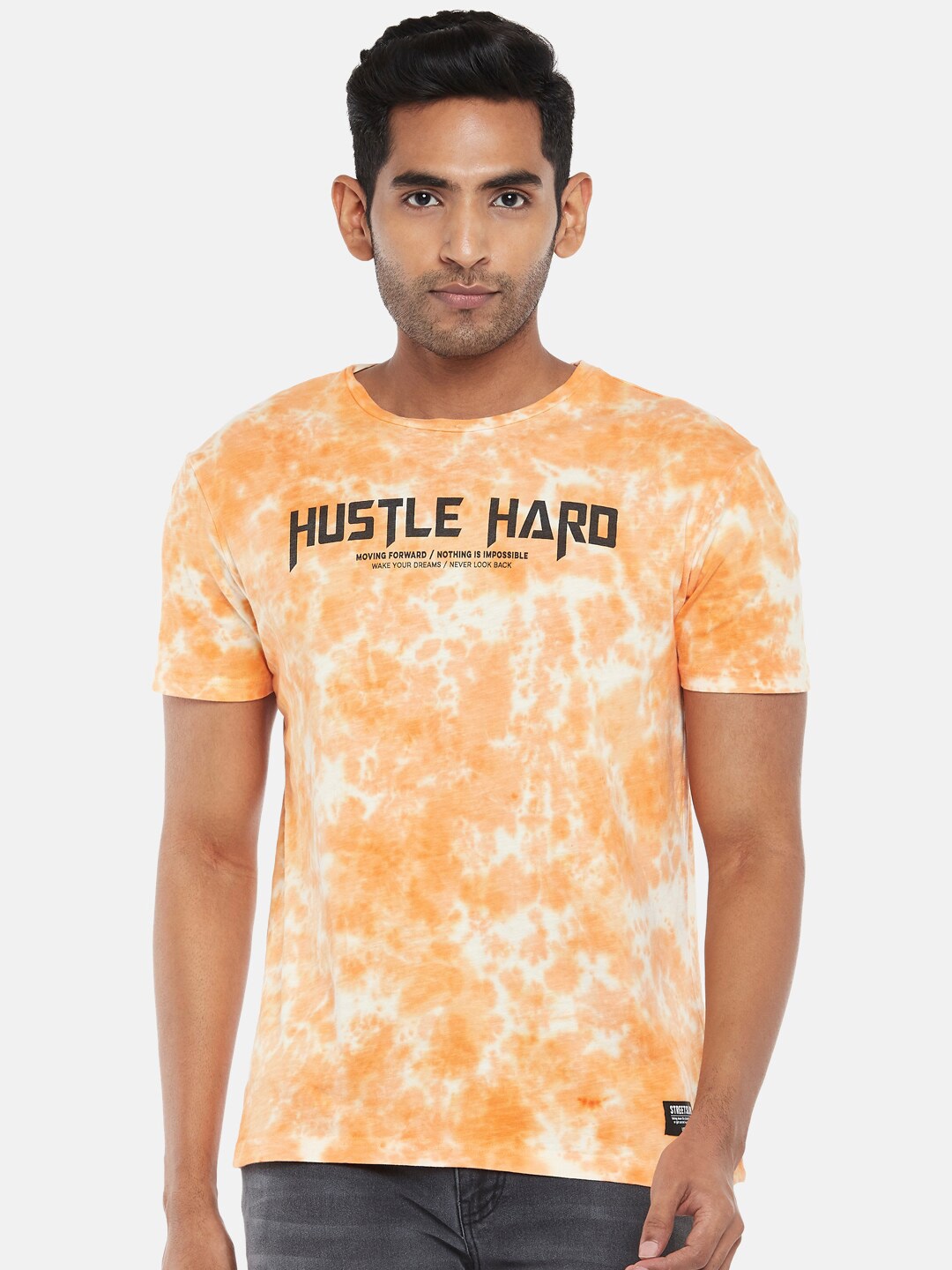 

People Men Orange & White Printed Cotton T-shirt