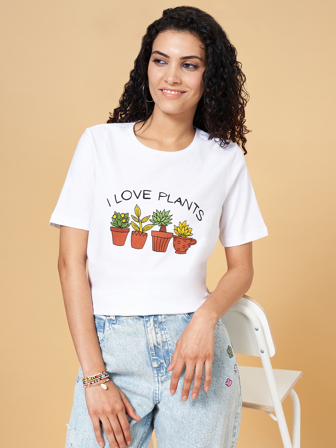 

People Women White Graphic Printed Cotton T-shirt