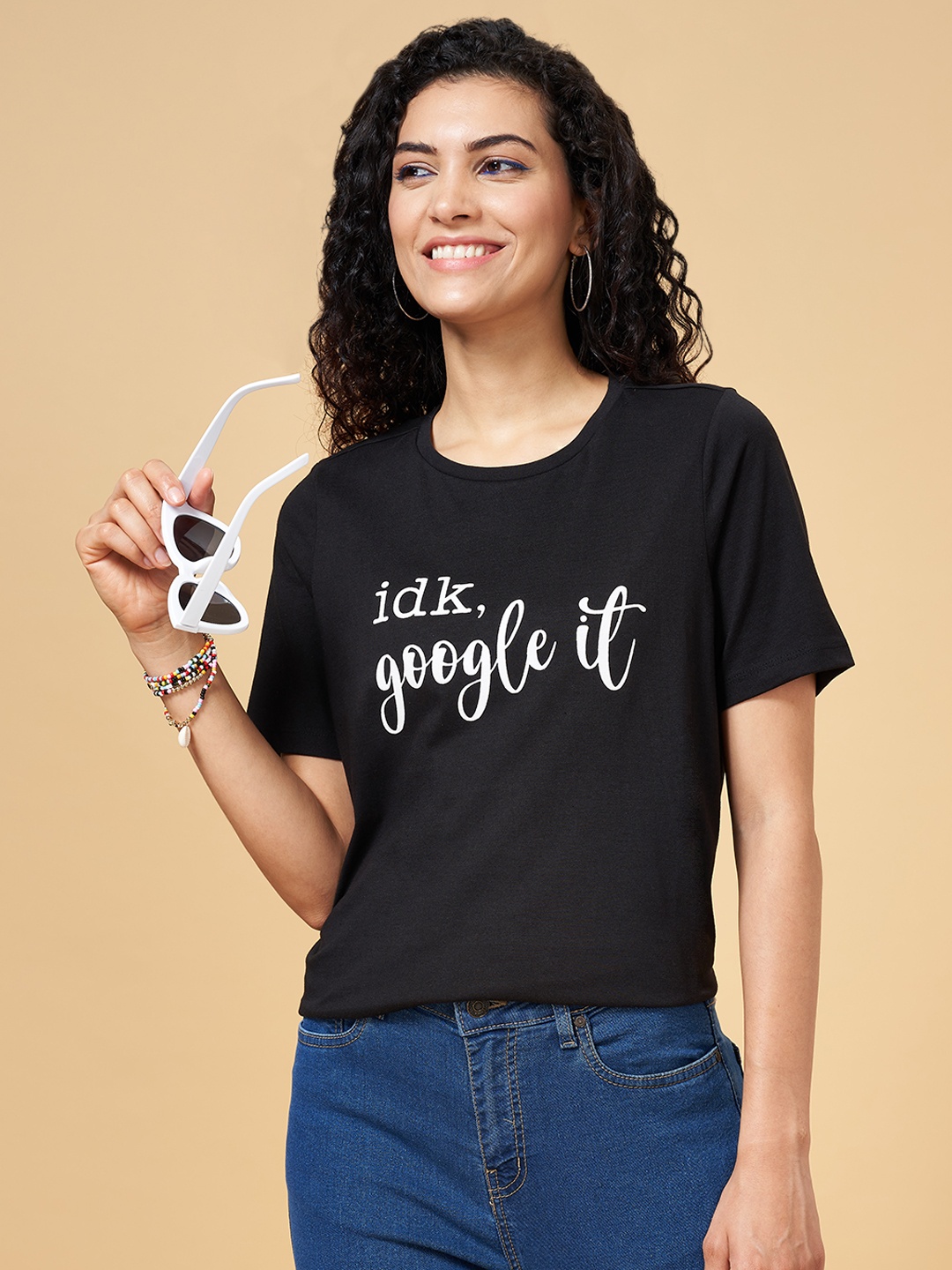 

People Women Black Typography Printed Cotton T-shirt