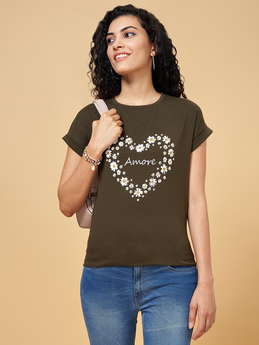 

People Women Olive Green & White Typography Printed Extended Sleeves T-shirt