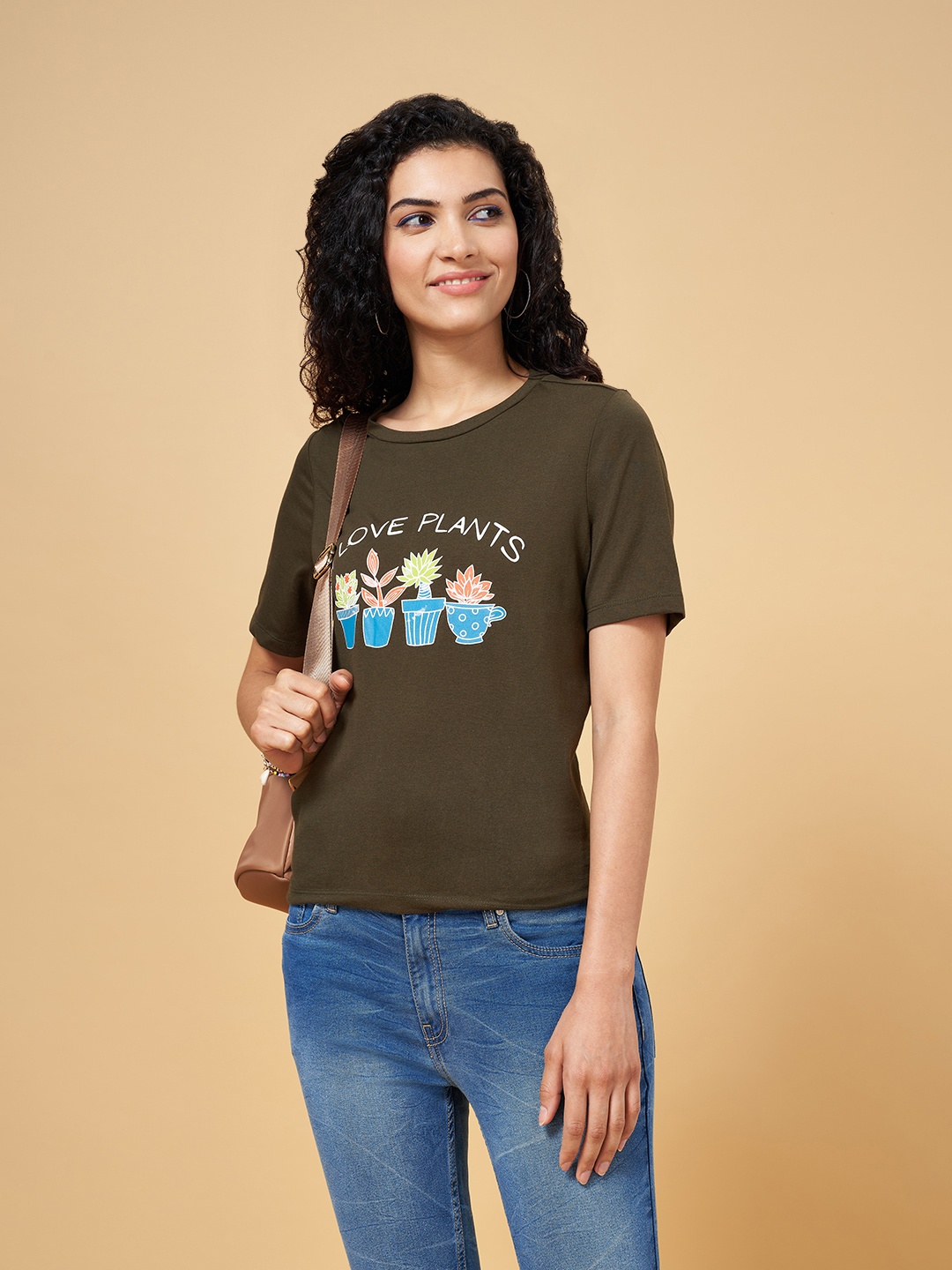 

People Women Olive Green Typography Printed High Neck Applique T-shirt