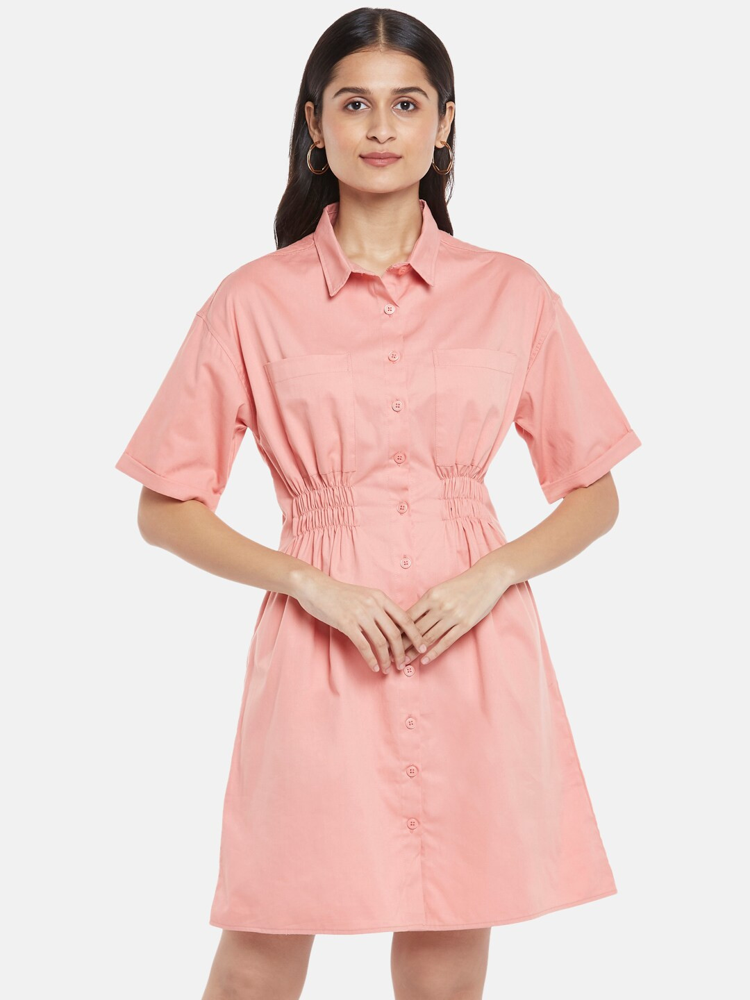 

People Women Pink Solid Cotton Shirt Dress