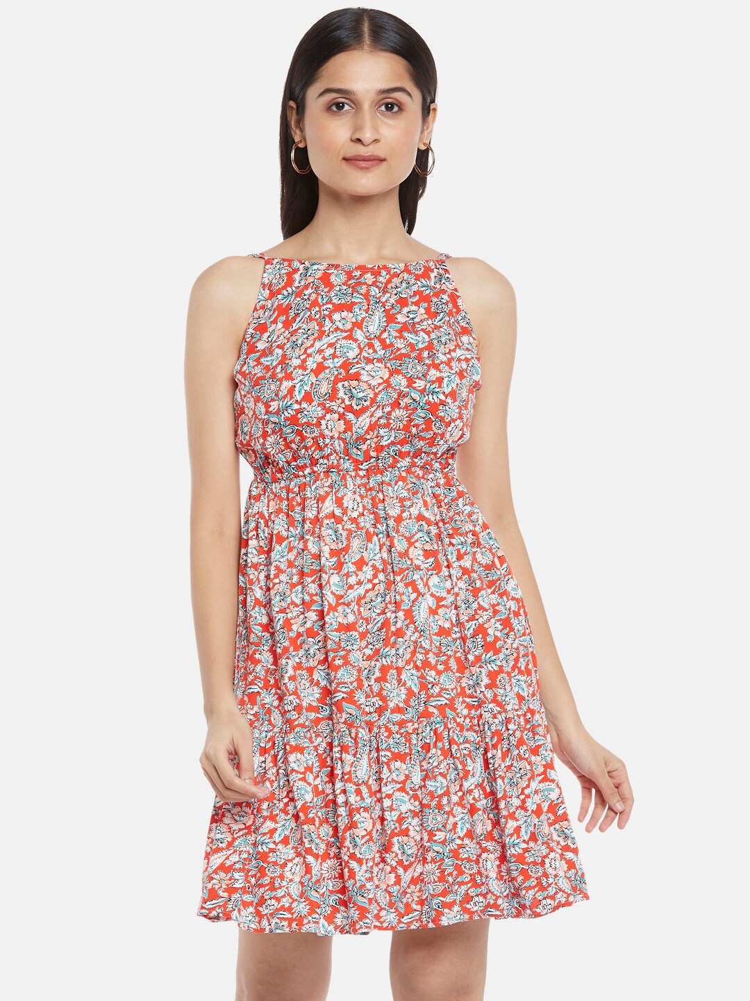 

People White & Red Floral Empire Dress