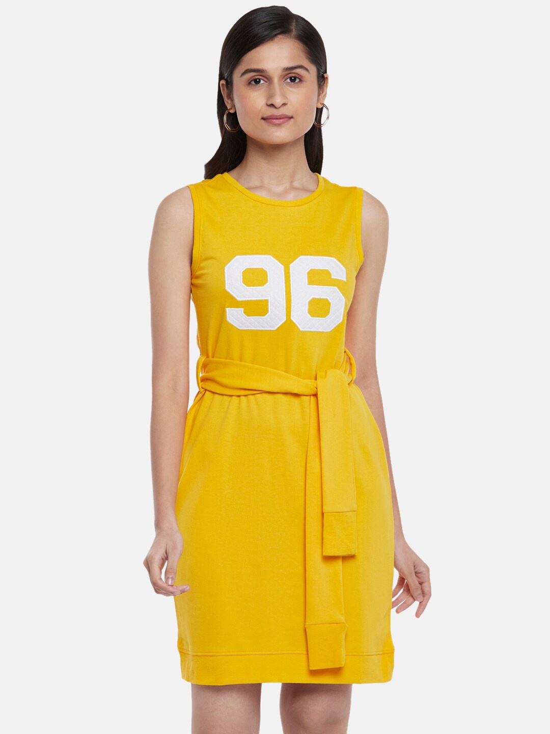 

People Mustard Yellow & White Alphanumeric Print A-Line Dress