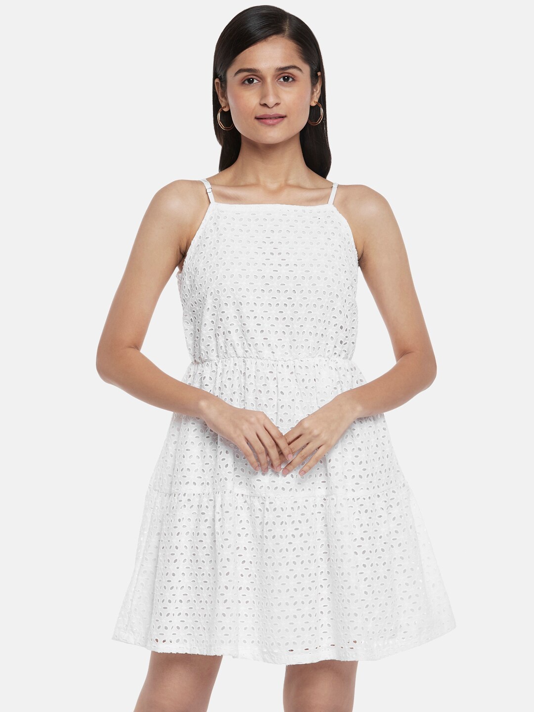 

People White Schiffli Tiered Cotton Fit & Flare Dress
