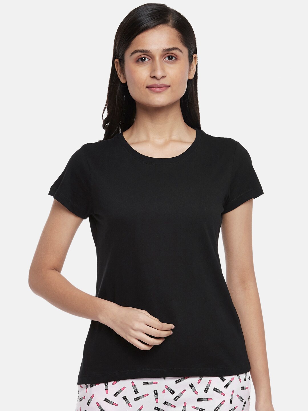 

Dreamz by Pantaloons Women Black Pure Cotton T-shirt