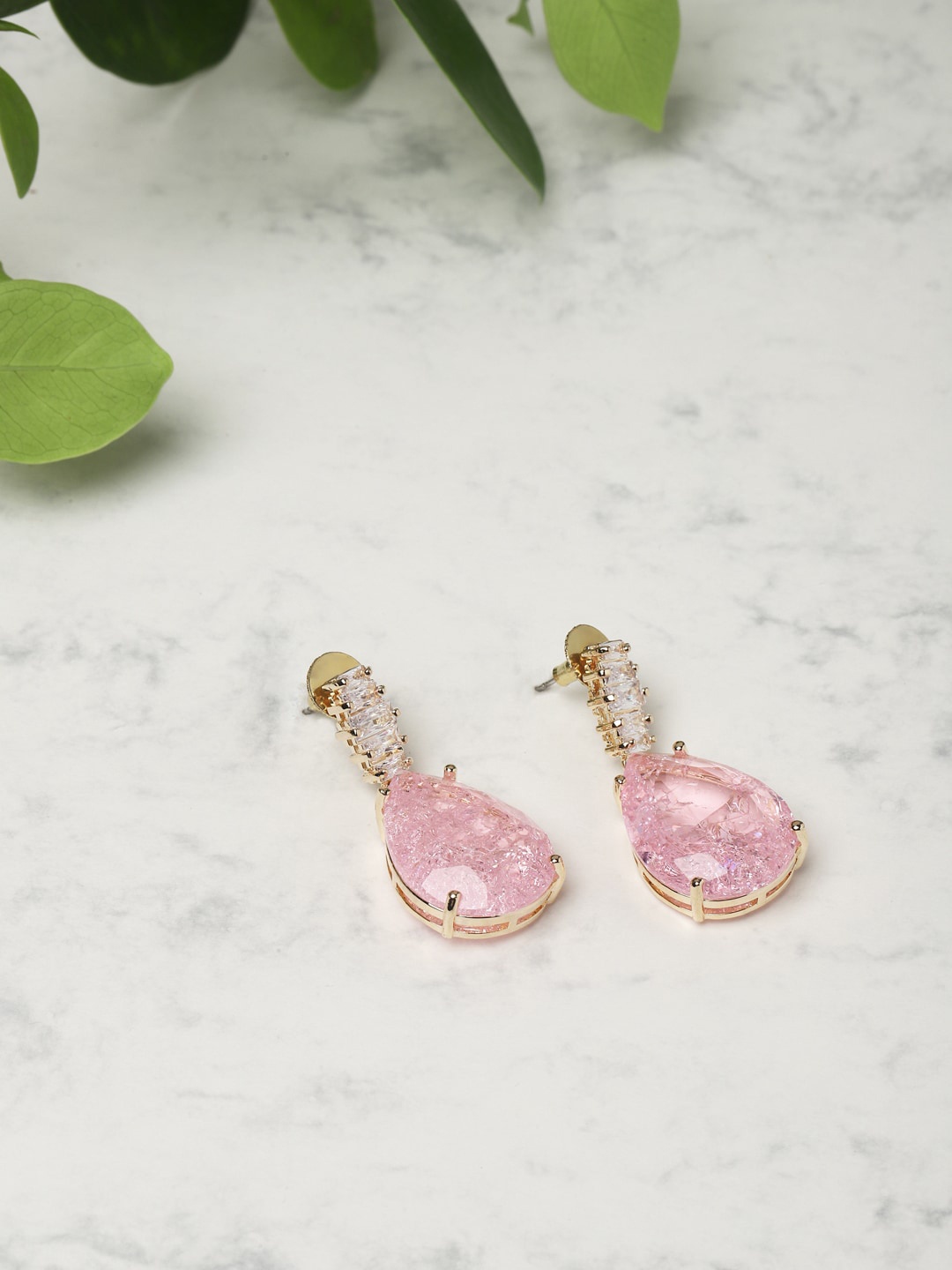

RITU SINGH Pink Rhodium-Plated Teardrop Shaped Drop Earrings