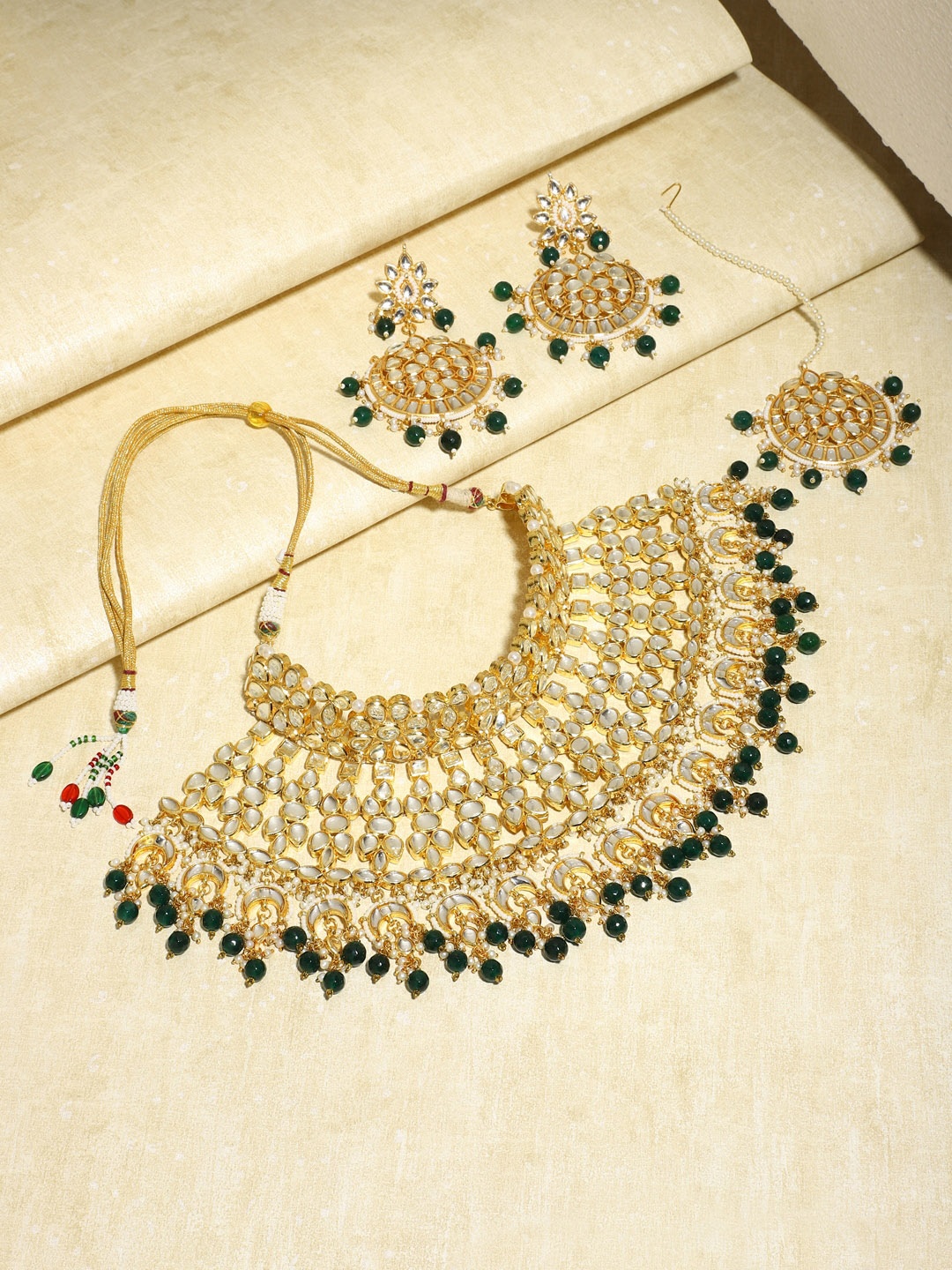 

Ruby Raang Gold-Plated Gold Kundan Studded Maharani Jewellery Set