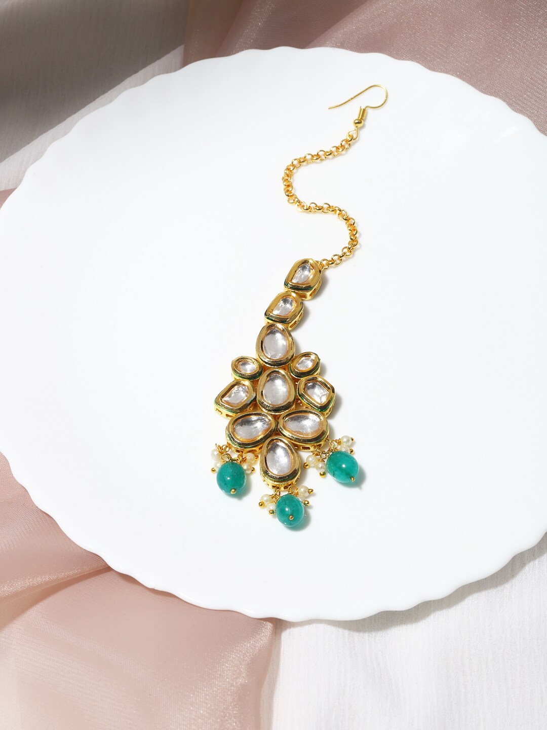 

Ruby Raang Gold-Plated Green & White Kundan-Studded Maang Tikka