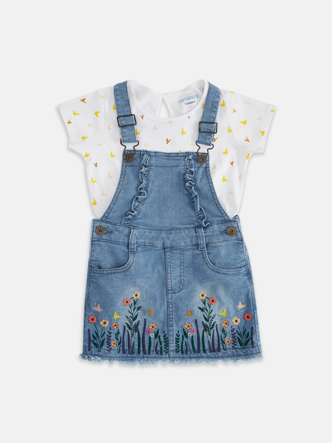 

Pantaloons Junior Infant Girls Blue & White Embroidered Dungaree With T-Shirt