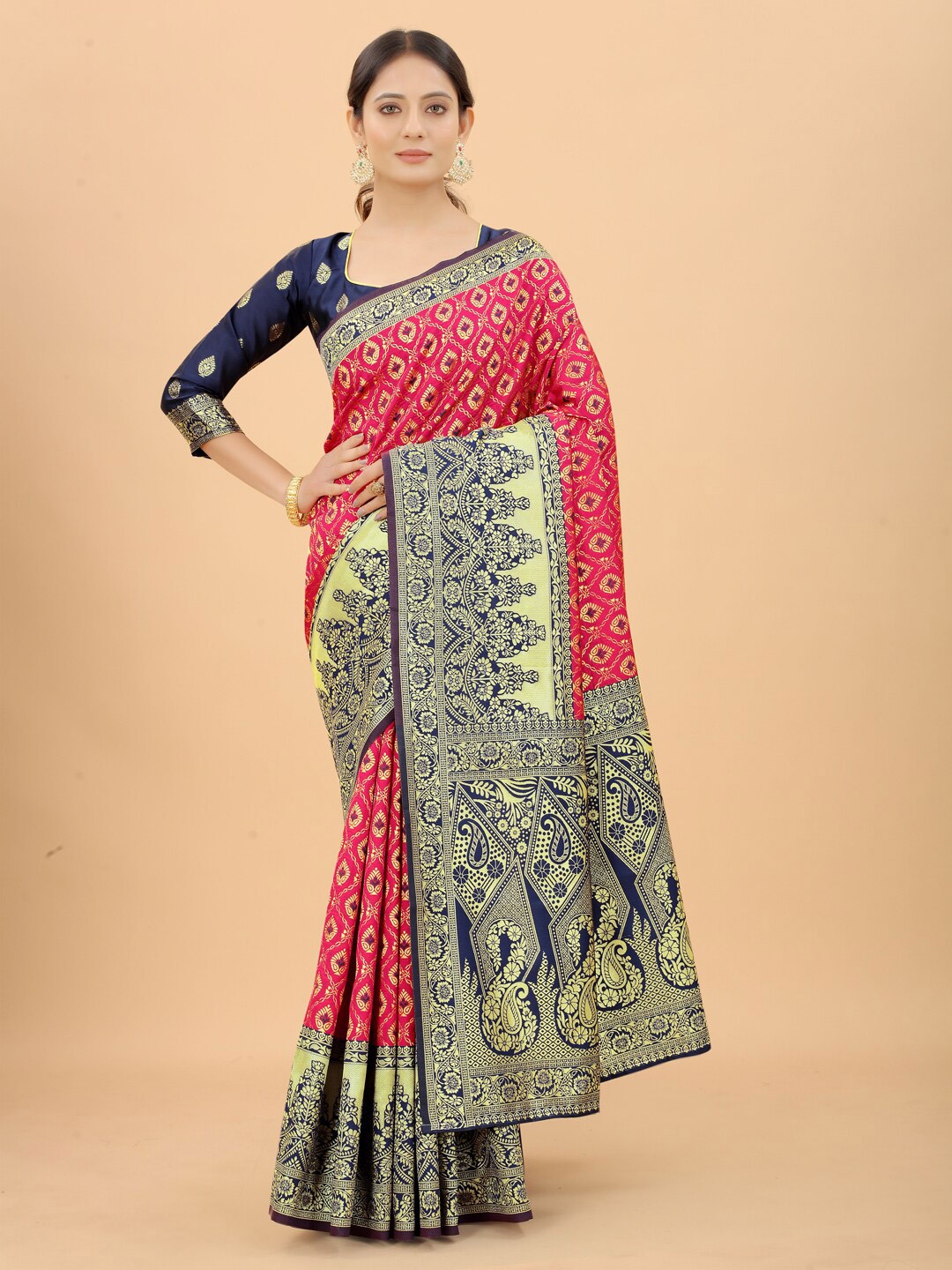 

SATYAM WEAVES Orange & Navy Blue Woven Design Zari Silk Cotton Banarasi Saree