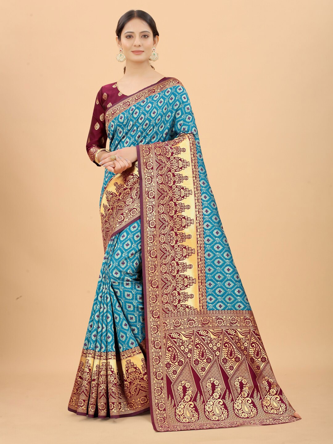 

SATYAM WEAVES Blue & Maroon Printed Zari Silk Cotton Banarasi Saree