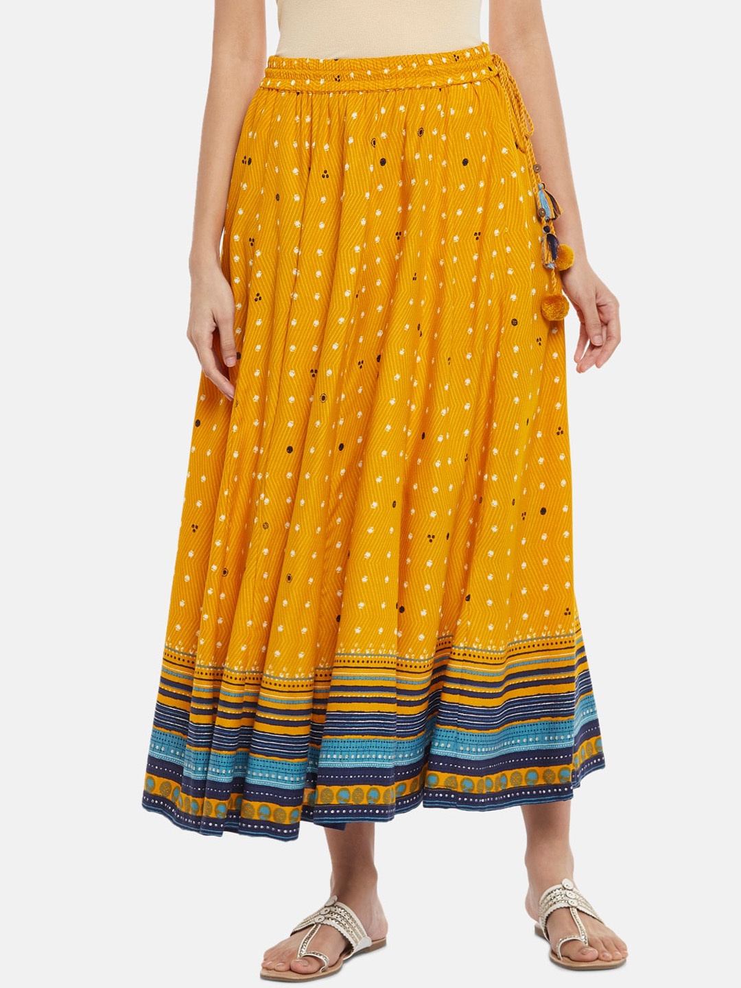 

AKKRITI BY PANTALOONS Women Mustard & Blue Printed Flared Maxi Skirt