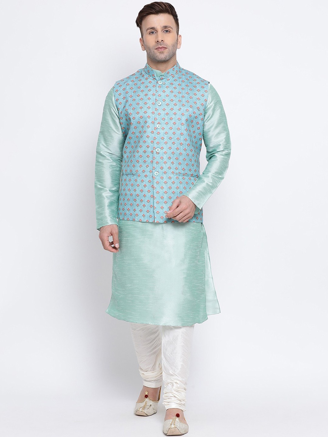 

NAMASKAR Men Green Ethnic Motifs Dupion Silk Kurta with Churidar & Nehru Jacket