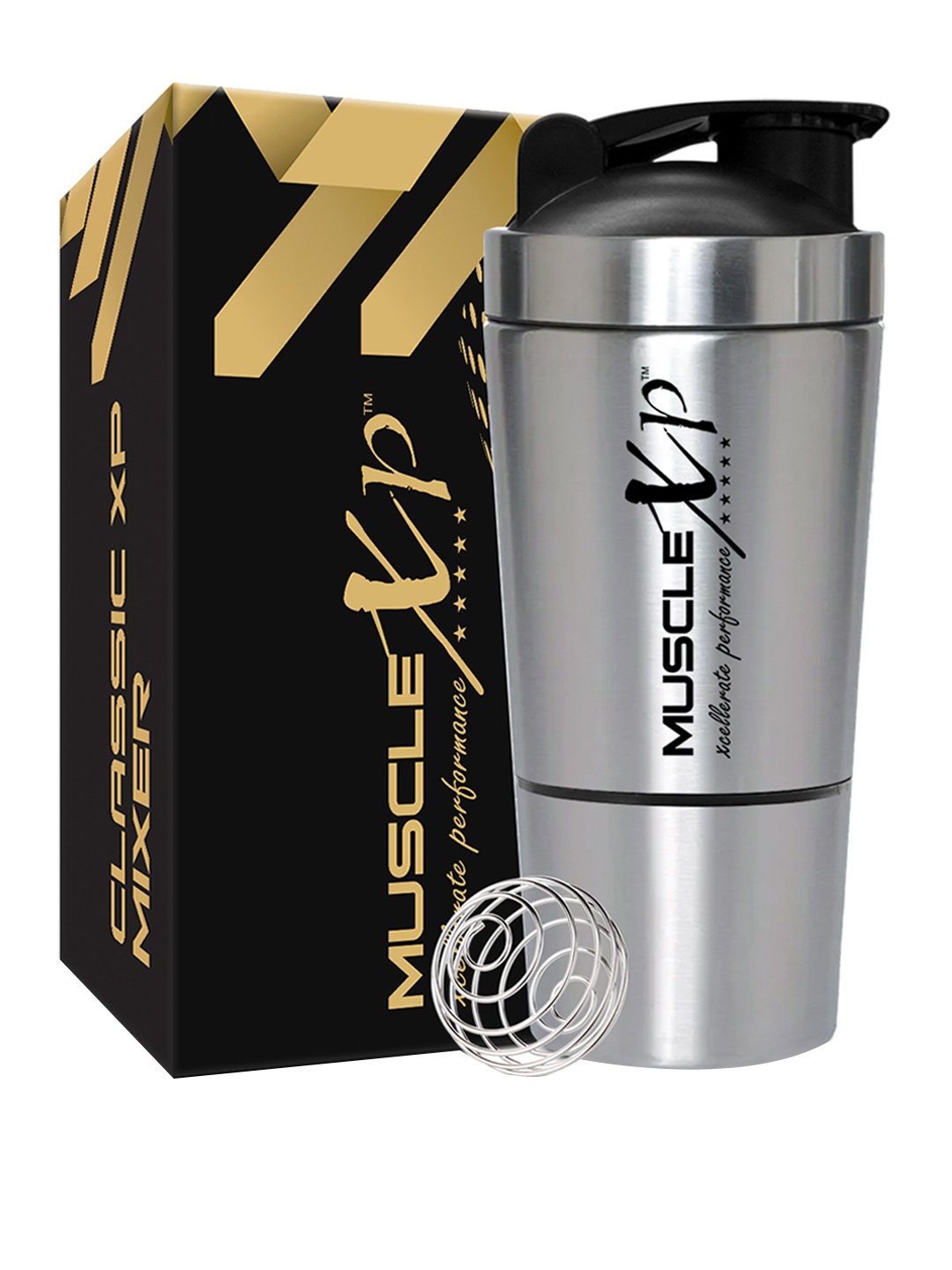 

MUSCLEXP Silver-Toned & Black Stainless Steel Shaker Blender 590 ml