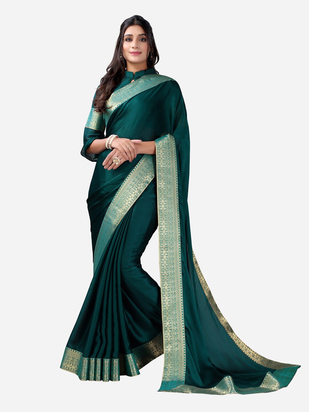 

Satrani Green & Gold-Toned Zari Satin Chiffon Saree