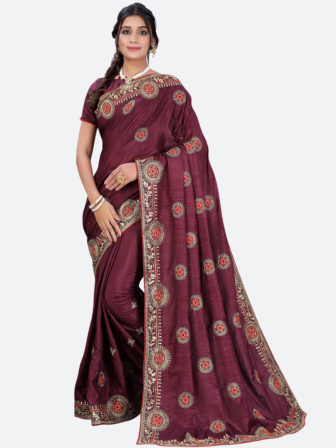

Satrani Maroon & Red Floral Embroidered Saree