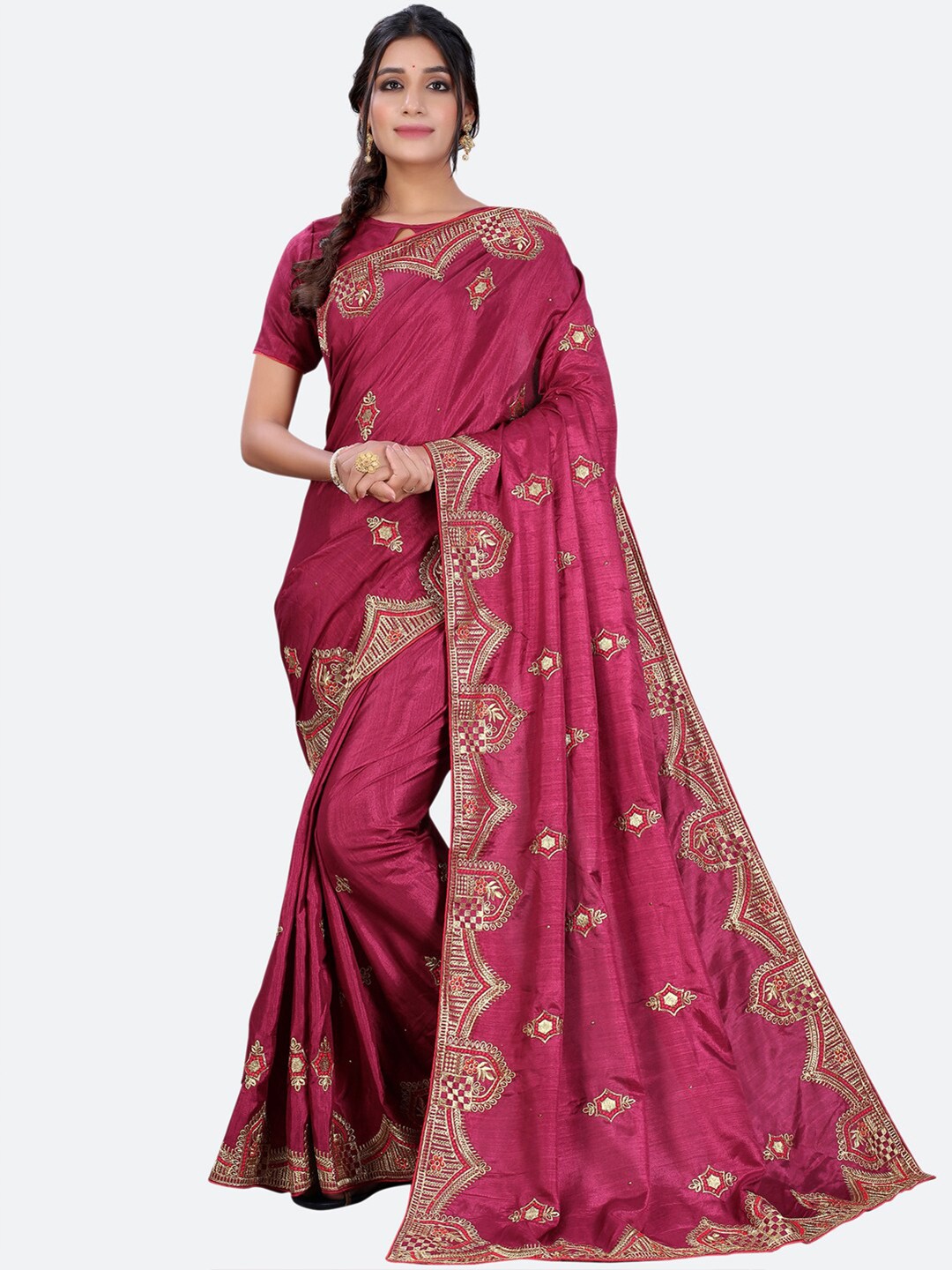 

Satrani Maroon & Gold-Toned Ethnic Motifs Embroidered Saree